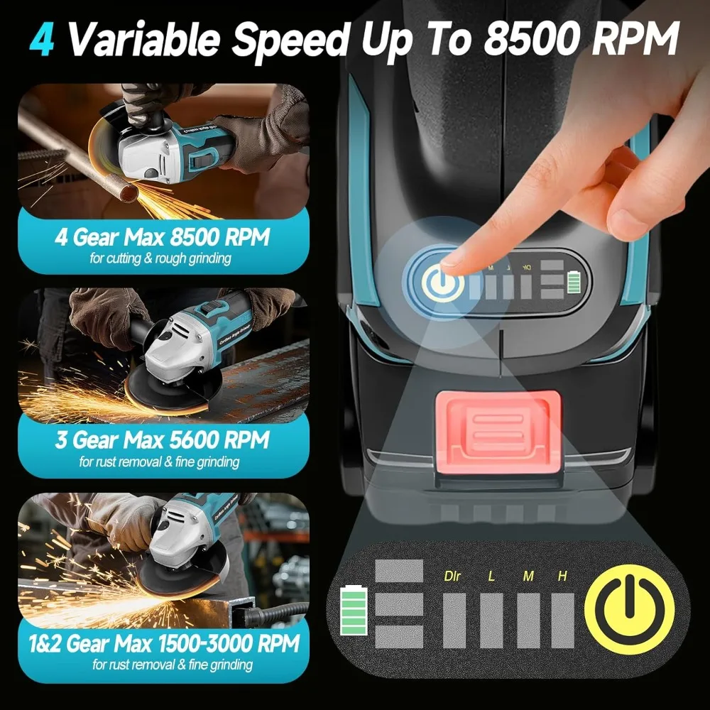 Draadloze haakse slijper met 2 x 4,0 Ah batterij, 4-1/2 borstelloze accu-aangedreven slijpmachine, 4 variabele snelheden 8500 RPM voor metaal