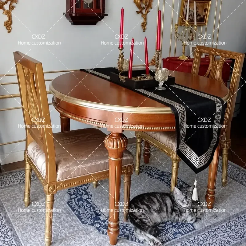 Retro Carved Solid Wood Round Dining Table Brown Gold Finish Small Apartment Furniture