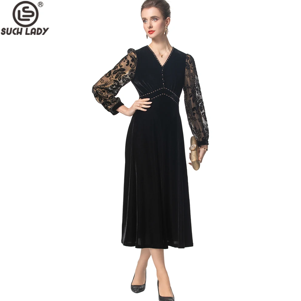 Women's Runway Dresses Sexy V Neck Long Sleeves Beaded Velvet Fashion Designer Mid Vestidos