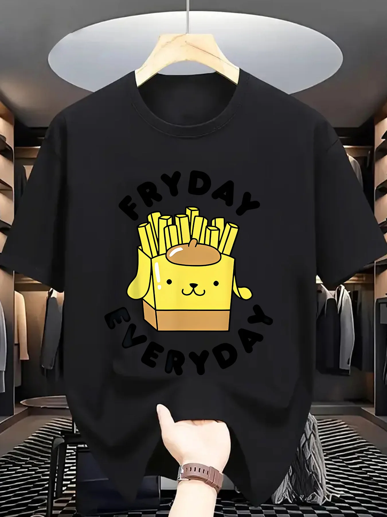 Cartoon Fries Dog Print Men Short Sleeve Tshirt Fryday Everyday Food Slogan O Neck Tee Lovely Snack Male Street Fashion Tops