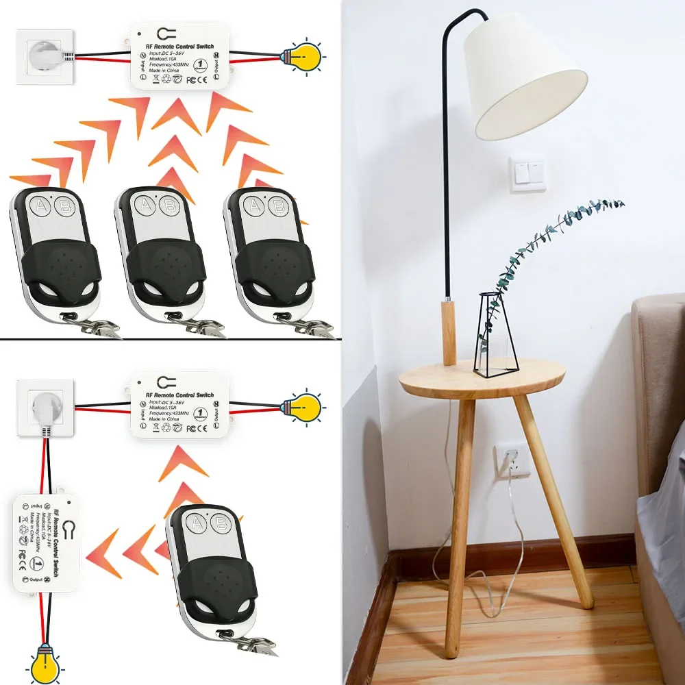 433mhz RF Wireless Remote Control Switch DC 6V 12V 24V 30V 36V 1Ch Relay Receiver and 2 Button Transmitter with Cover for Led