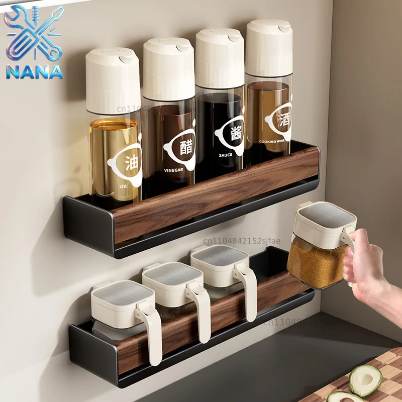 Light luxury walnut wood kitchen spice rack for home oil bottles, sealed salt jars, wall-mounted bathroom storage shelf.