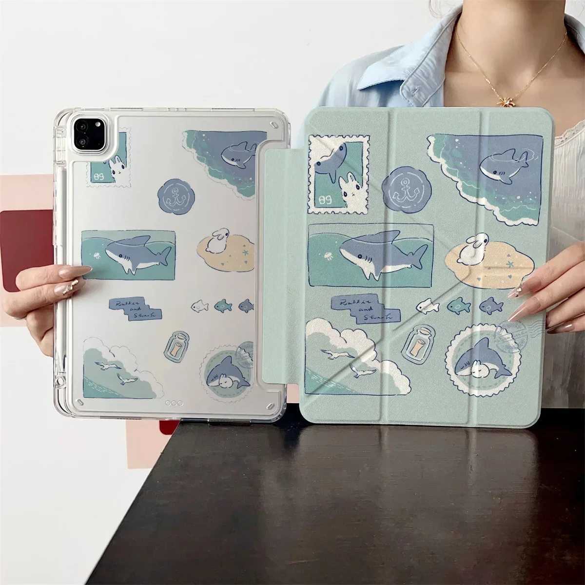 

Чехол для iPad Pro Air 13'' 11'' M5 M4 M3 M2 2 1 11th A16 12.9" 10 9 8 Th Mini 7 6 5 4 7.9" с наклейками в виде акулы, облака, голубя и кролика