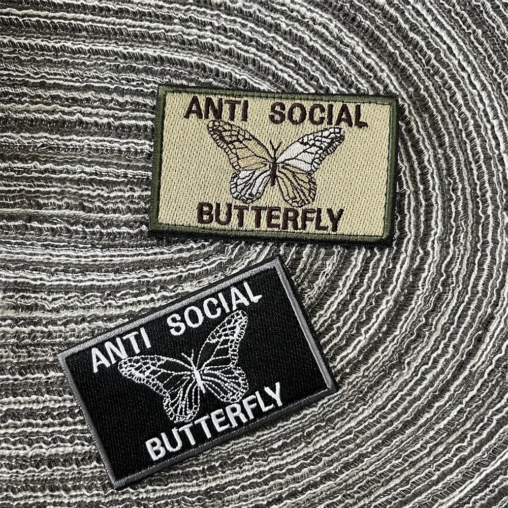 ANTI SOCIAL  Tactical Butterfly Embroidered Patches on Clothing Hook and Loop Patch Backpack Applique for Clothes