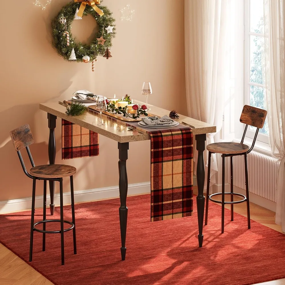 Set of 2 Round Bar Stools with Back,25.2" Kitchen Island Chairs,Easy Assembly,Rustic Brown & Black