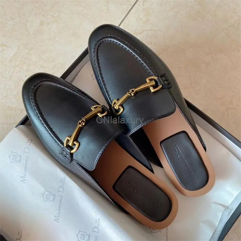 CNlalaxury 2024 New Summer Women Genuine Leather Metal Buckle Decoration Shoes Flat Mules Casual Sandals Simple Shoe Female