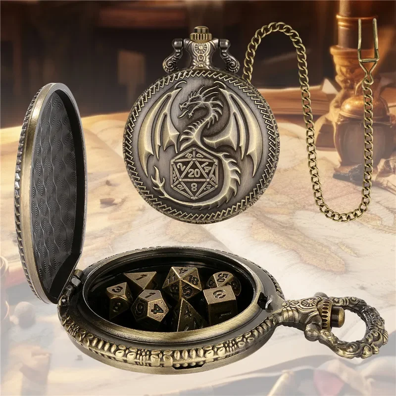 Bronze Dragon Pocket Watch Case FOB Chain with 7 X Metal Polyhedral Dice with Entertainment Role Play Game Dices