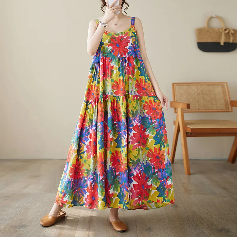 

Summer Floral Print Strap Ladies Vest A-line Long Dresses Women Fashion Casual Holiday Beach Dress Robe Elegant Clothing