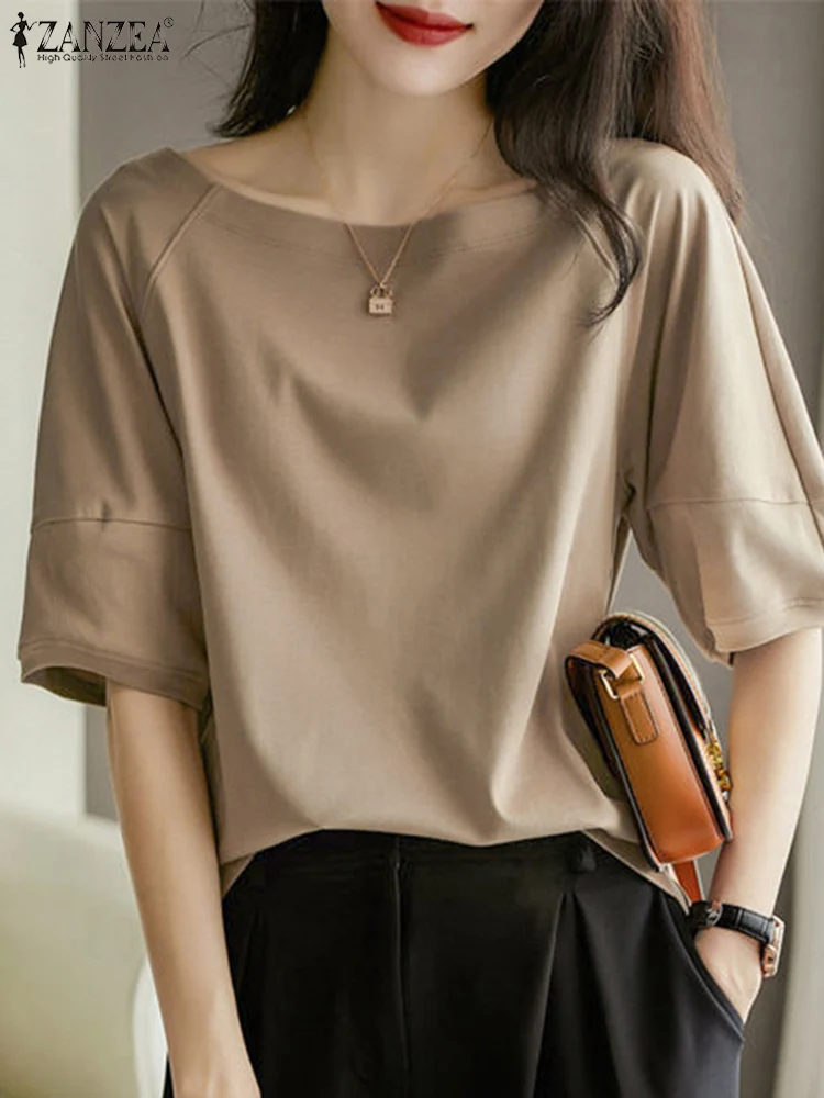 ZANZEA Women Half Sleeve Blouse 2024 Summer Casual Loose Boat Neck Tops Korean Fashion Solid Blusas Holiday Office Plain Tunic