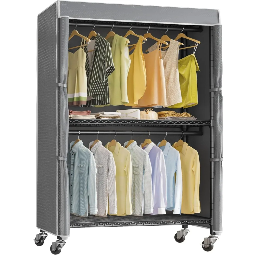 Heavy Duty Rolling Garment Rack with Cover Clothing Rack for Hanging Clothes Portable Closets with Adjustable 3 Wire Shelving