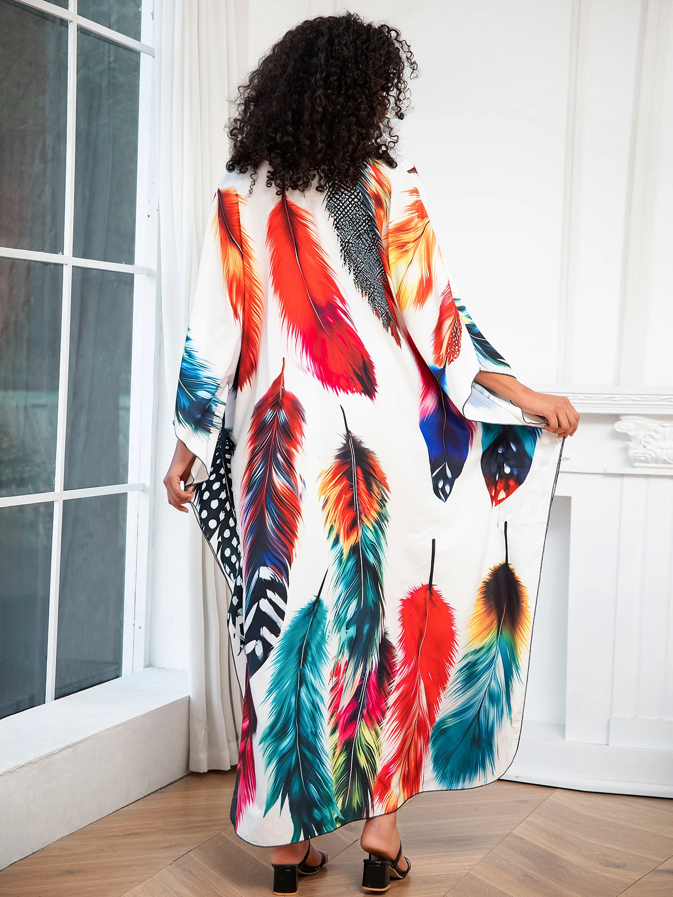 Bohomian Colorful Printed Long Sleeve Kaftan Dress Oversize Beach House Robe 2024 Summer Vacation Cozy Maxi Dresses Q1634