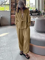 Oymimi Casual Cotton Khaki 2 Piece Sets Women Outfit Elegant Long Sleeve Lace-Up Shirts And Simple Ankle-Length Pants Female Set