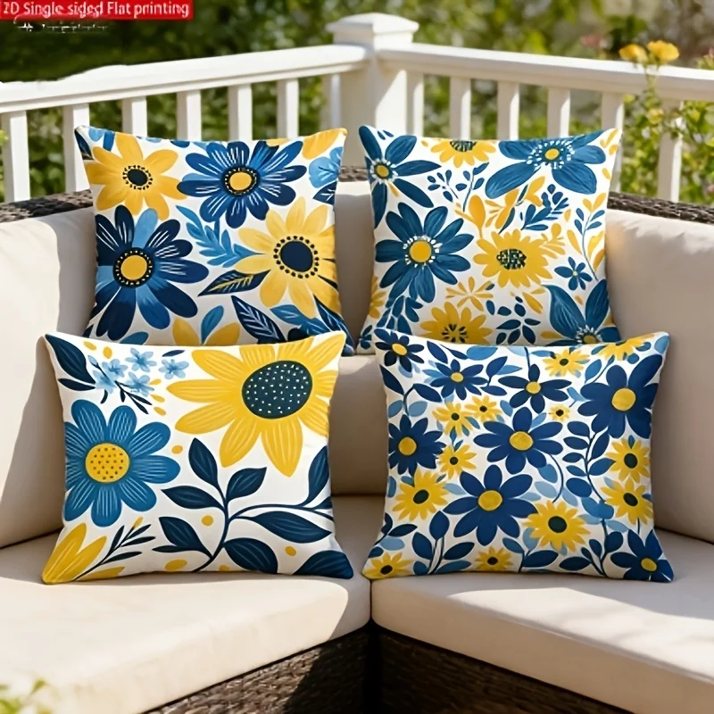 4 Piece Floral Sunflower Throw Pillow Covers Cushion Set Blue Yellow Botanical Pattern Home Decor Accessories for Sofa Couch Liv
