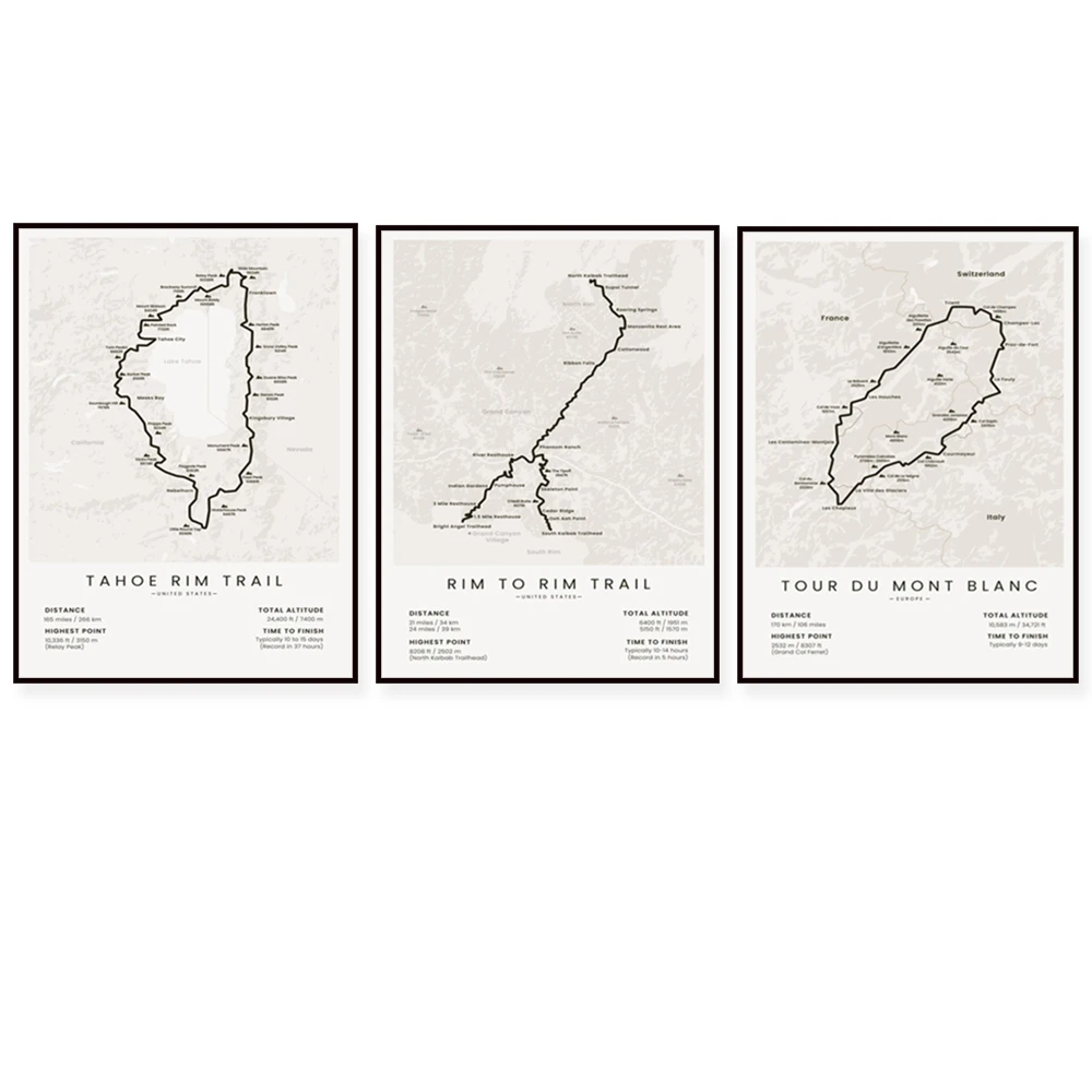 Tour Mont Dublanc, Bruce Trail Trail, Grand Canyon Trail Rim to Rim Roadmap, Tahoe Rim Trail at Lake Tahoe Poster, Hiker Gifts