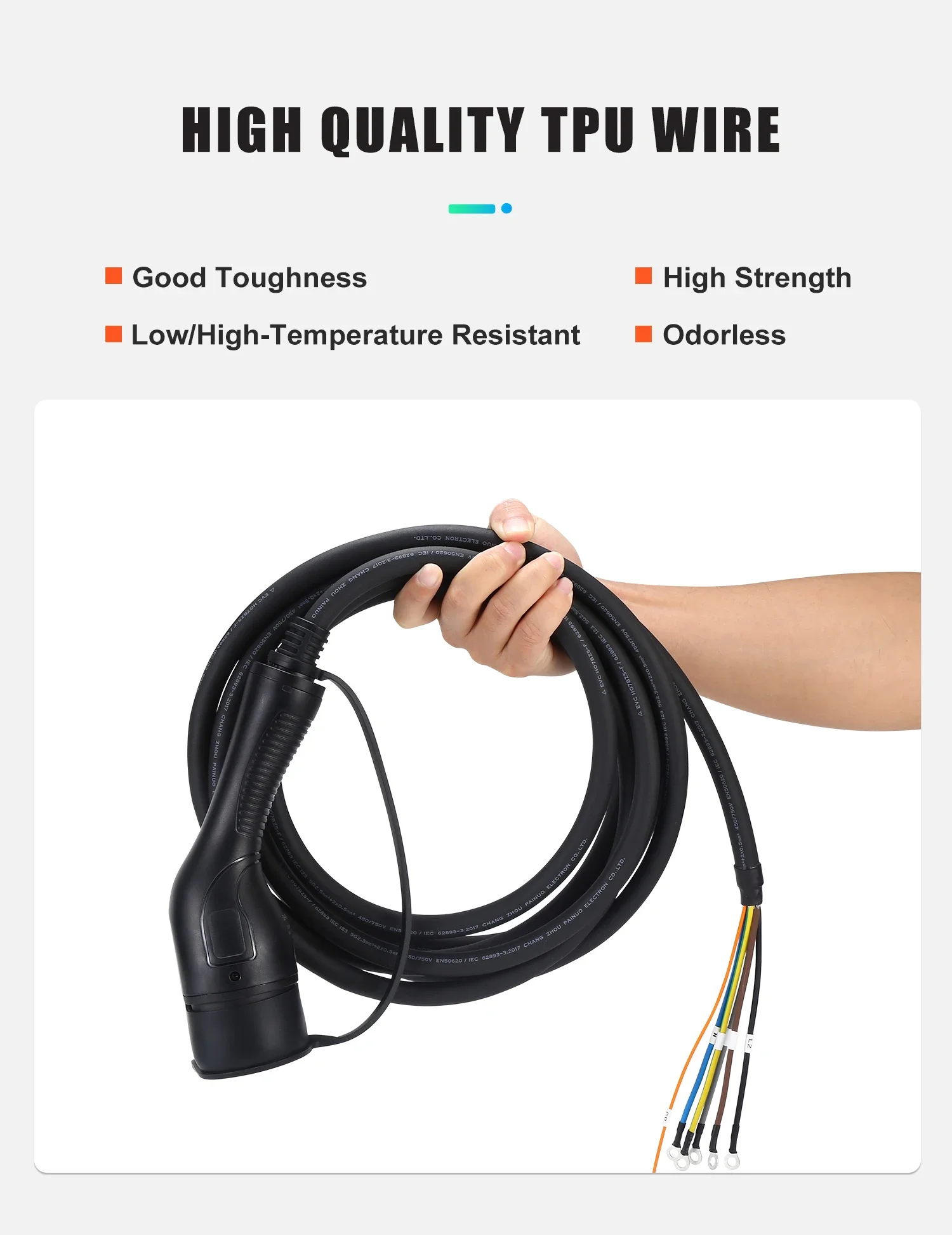 EVcharger4U Type2 EV Charging Cable 3.5KW/7KW/11KW 22KW 1Phase/3Phase 16A/32A Open End Wire for Electric Vehicle Charger Station