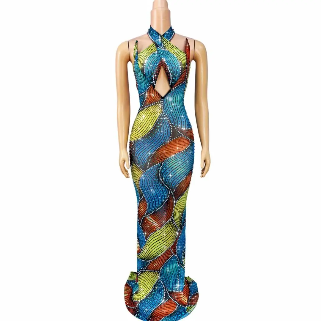 Caisehong Sparkly Curved Wave Multi Tone Rhinestone Mermaid Maxi Gown Halter Crisscross V Cutout Front Birthday Prom Gowns
