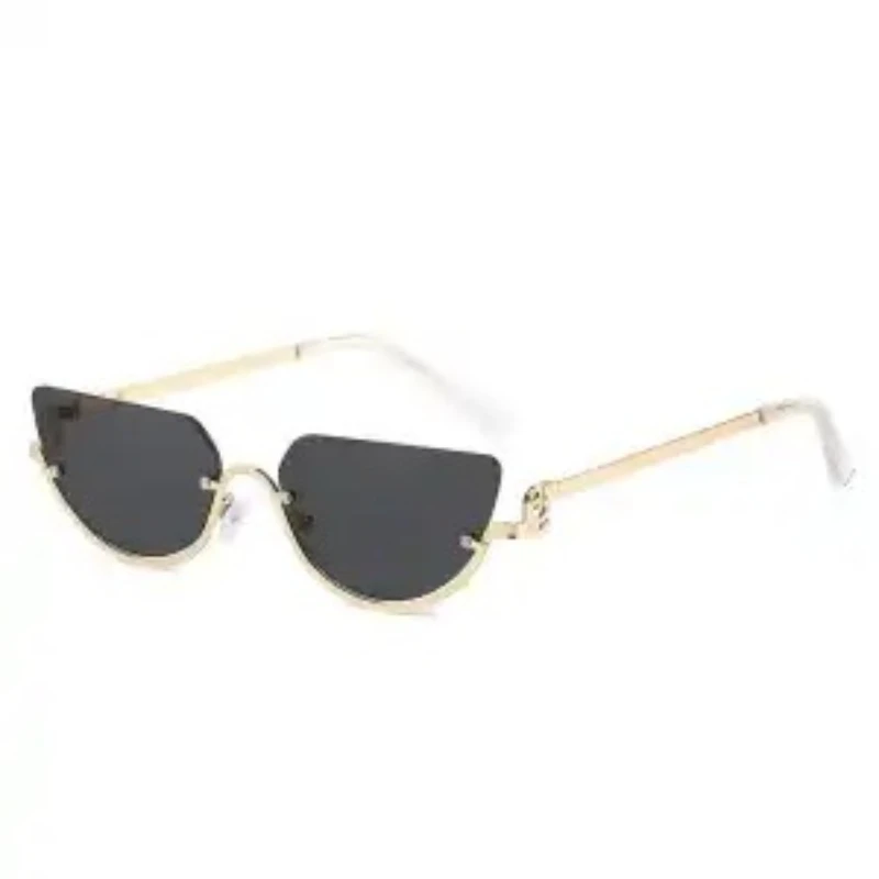 Fashionable Metal Half Frame Cat Eye Sunglasses for Women Retro Trend Cool Concave Design Hip-hop Sunglasses