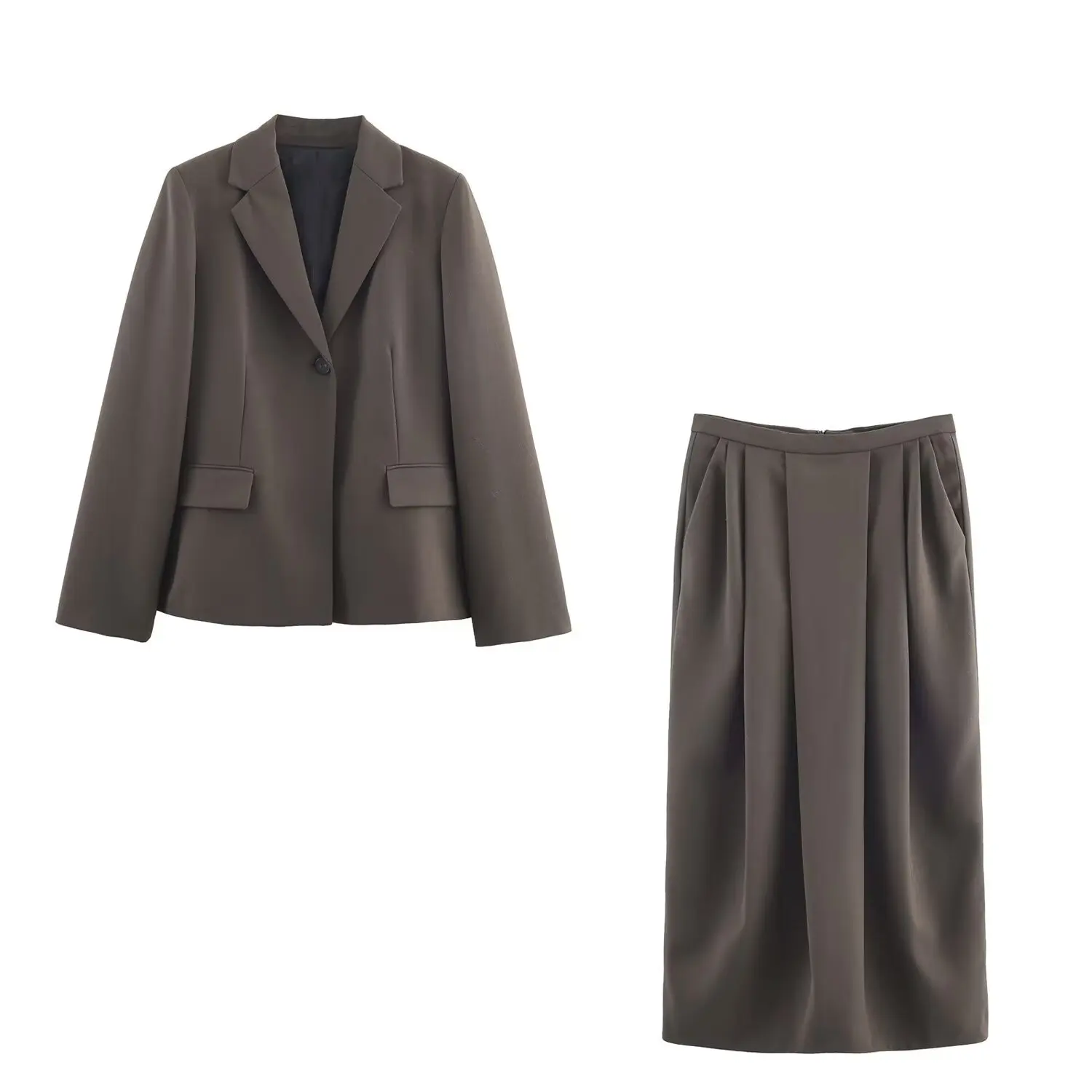 

2025 European And American Style Autumn Women's Suits Skirt Sets Lapel Long-sleeved Blazer Jacket + Midi Skirt 2-piece Set