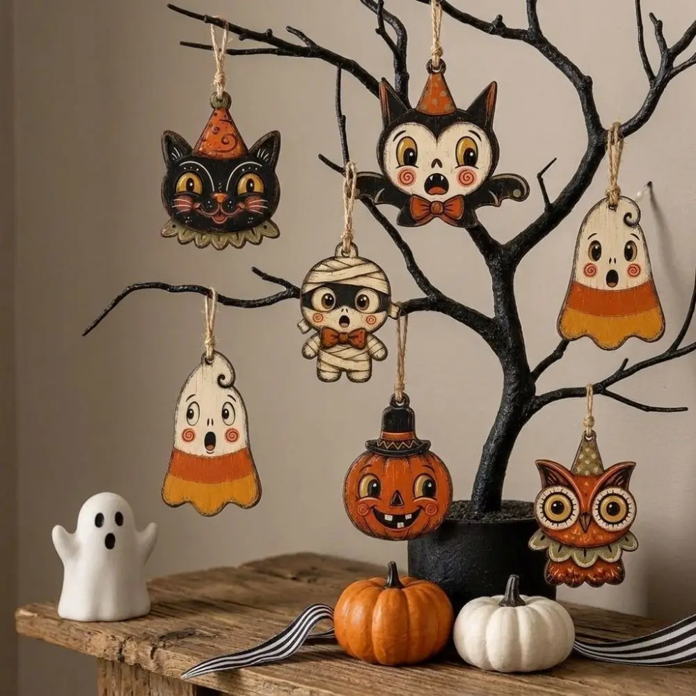 Vintage Style Halloween Pumpkin Ghost Pendant Distressed Painted Trick or Treat Wooden Black Cat Ornament with Rope Rustic