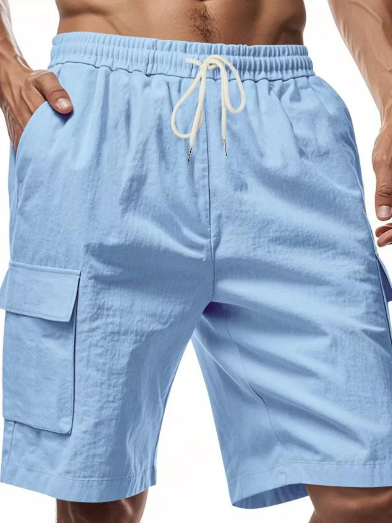 Sommer Neue Leinen-Atmungsaktive Baumwollähnliche Hose mit Kordelzug Elastischer Bund Einfarbig Schlichte Freizeit Allzweck Herren-Arbeitshose – Detail 9