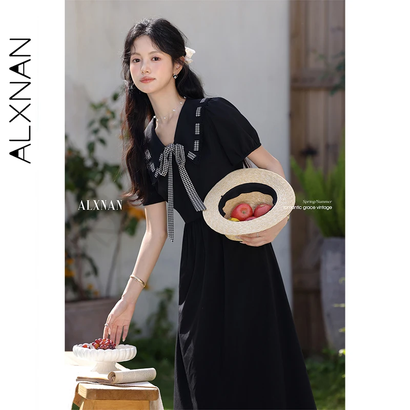 ALXNAN Plus Size Black Long Dress Vintage Elegant Casual Holiday Women's Dress 2025 Summer Short Sleeve Clothing Ladies D11091