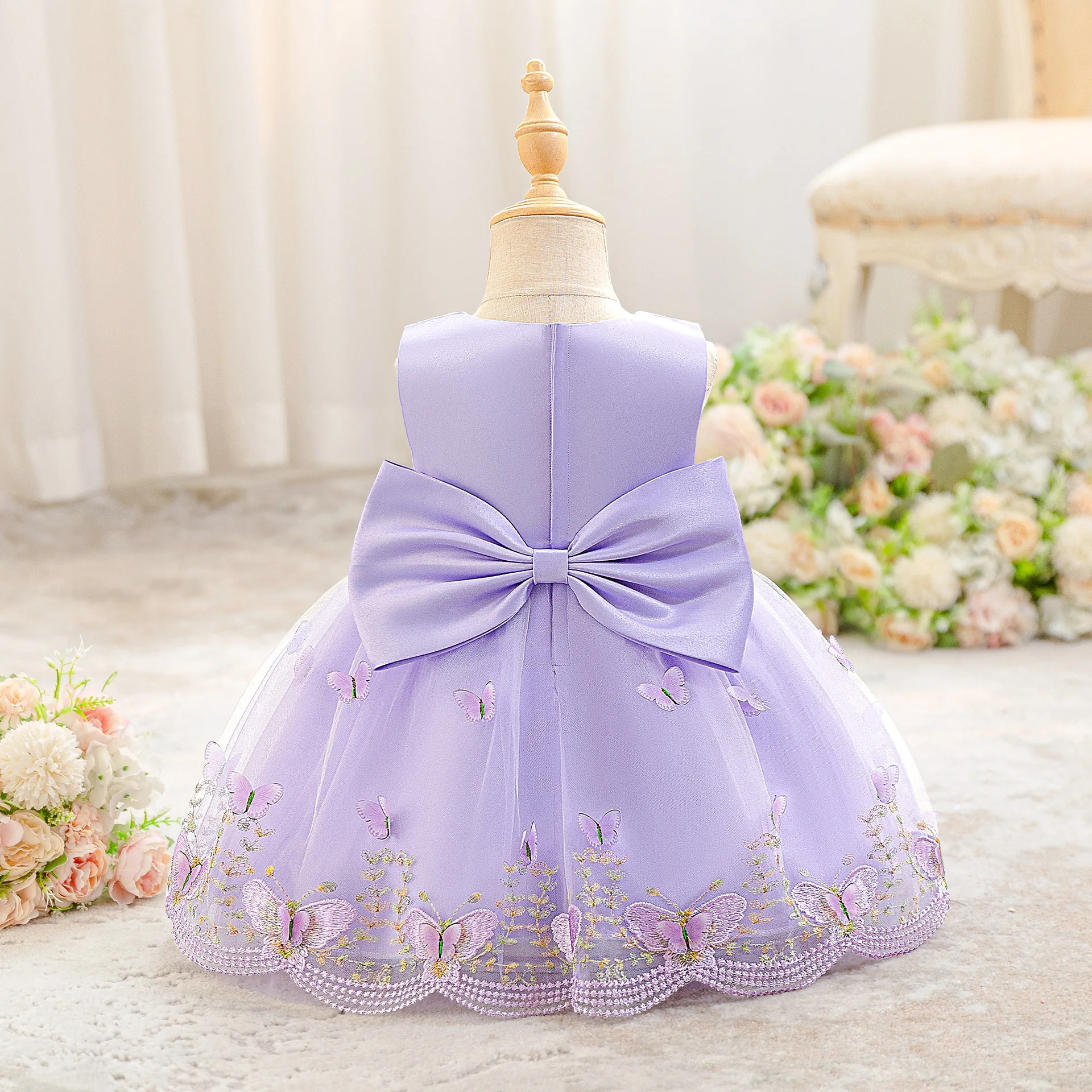 Flower Baby Girls Butterfly Beaded Tulle Tutu Princess Dress For Toddler Kids Wedding Party Birthday Baptism Formal Banquet Gown