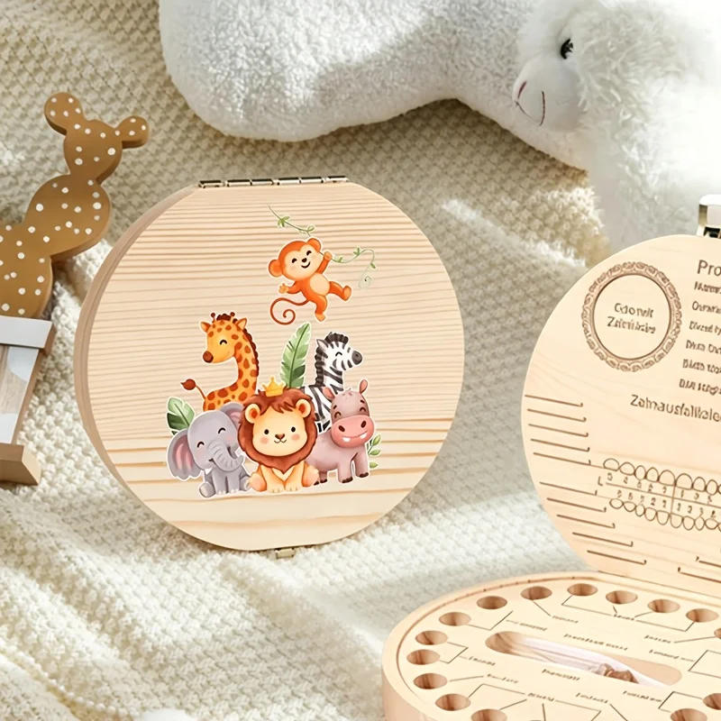 1PCS Wooden Tooth Keepsake Box Cute Animals Footprints Pattern 2D Design Wooden Storage Teeth Hair Birth Souvenir Best Gift