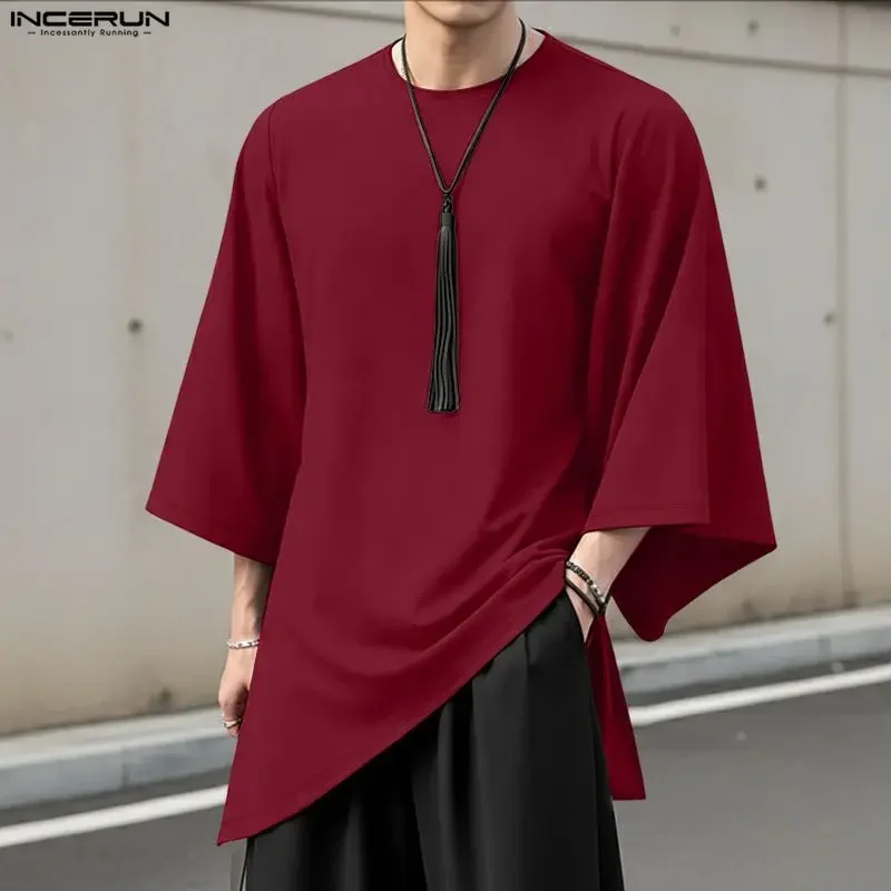 INCERUN Men Irregular T Shirt Solid O-neck 3/4 Sleeve Male Tee Tops Streetwear Loose Korean Style Fashion Casual Men Clothing