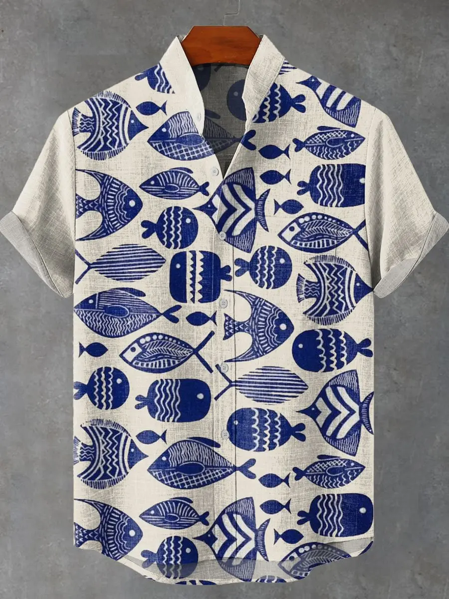 Men's new summer beach casual fish pattern short sleeved shirt fishing enthusiast clothing linen button up shirt