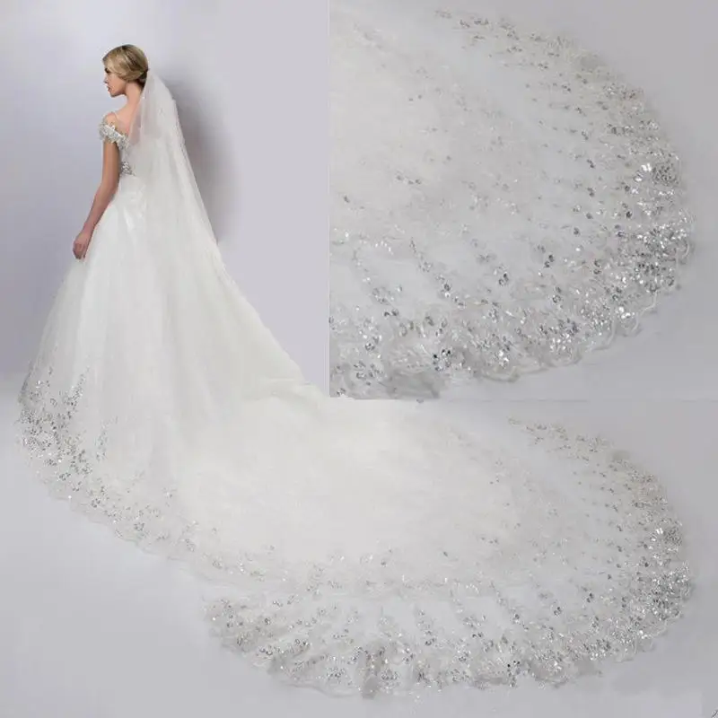 Hot Selling Wide Tail Single Layer Sequin Lace Party Bridal Wedding Veil 2025