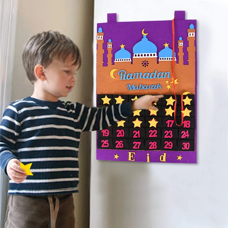 1PC Eid Mubarak Advent Calendar Ramadan Decoration Countdown Felt Calendar Hanging Ornament Home Islamic Muslim Party Decoations