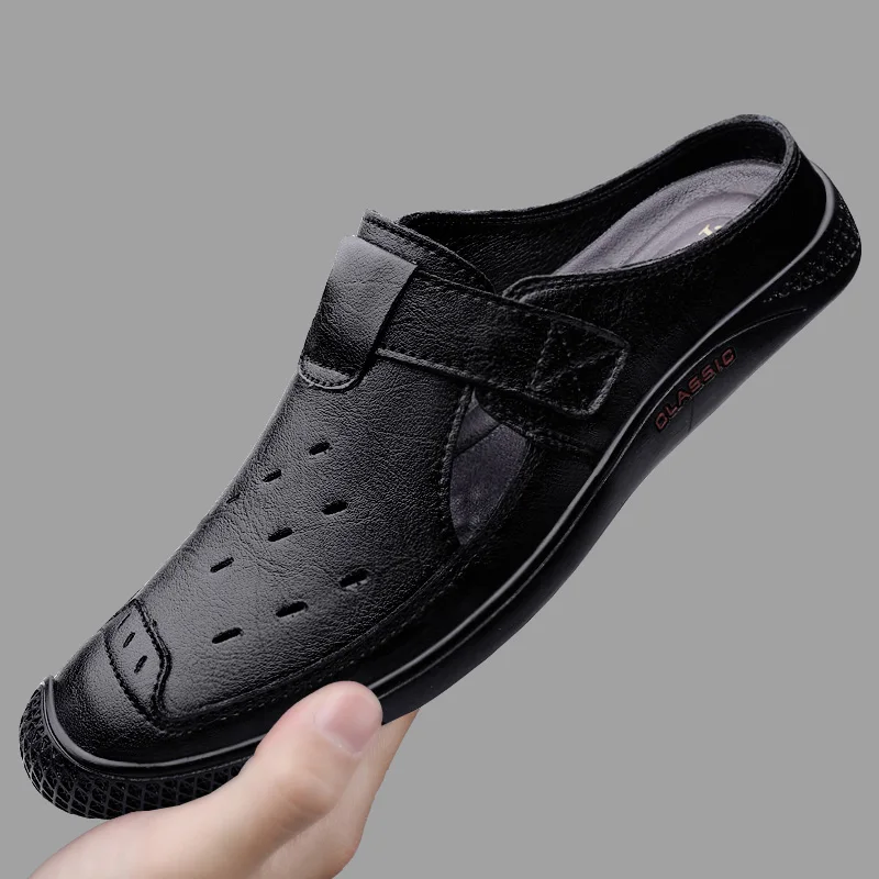 

High Quality Mens Comfortable Soft Soled Casual Half Back Leather Shoes for Summer New Men Breathable Hollow Out Outdoor Sandals