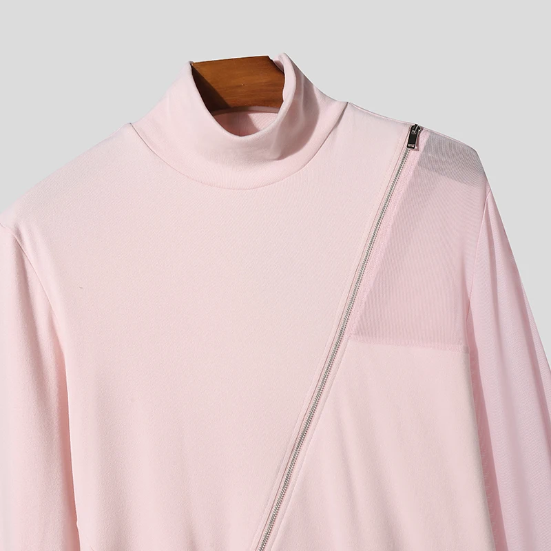 INCERUN Herren Unregelmäßiges T-Shirt mit Netz-Patchwork, Rollkragen, Langarm, Reißverschluss, Streetwear 2026, Transparente Herrenbekleidung – Detail 14