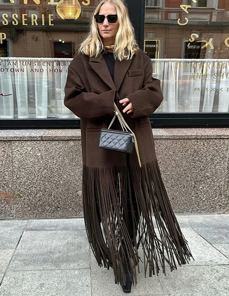 

Elegant Solid Lady OvercoatsFashion Woolen Tassels Long Coats For Women Turn-down Collar Single Breasted Pockets Jacket Female