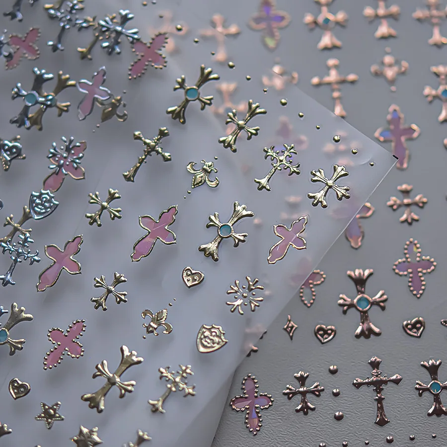 

Simple Metal Cross Nail Decals 1 Sheet Gold Foil Retro Time Saving DIY Manicure Stickers Long Lasting for Home Salon Women