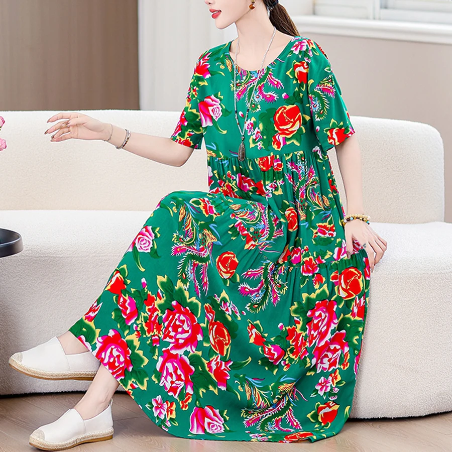 Nowa 2024 letnia sukienka dla kobiet Plus Size dorywczo krótki rękaw Boho nadruk w stylu Vintage długa sukienka plażowa odzież damska