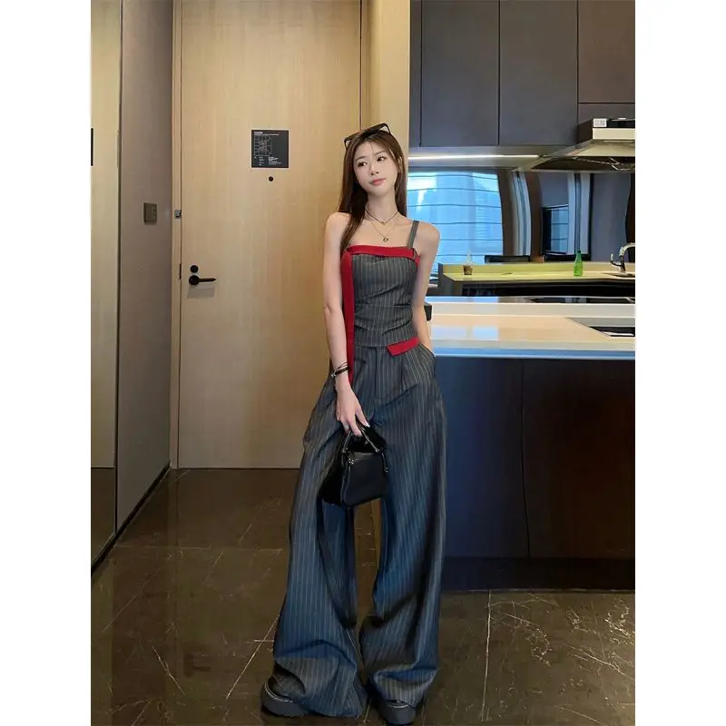 

2025 New Summer High-end Designed Retro Style Striped Contrasting Sleeveless Suspender Vest and Loose Wide-leg Floor Trousers