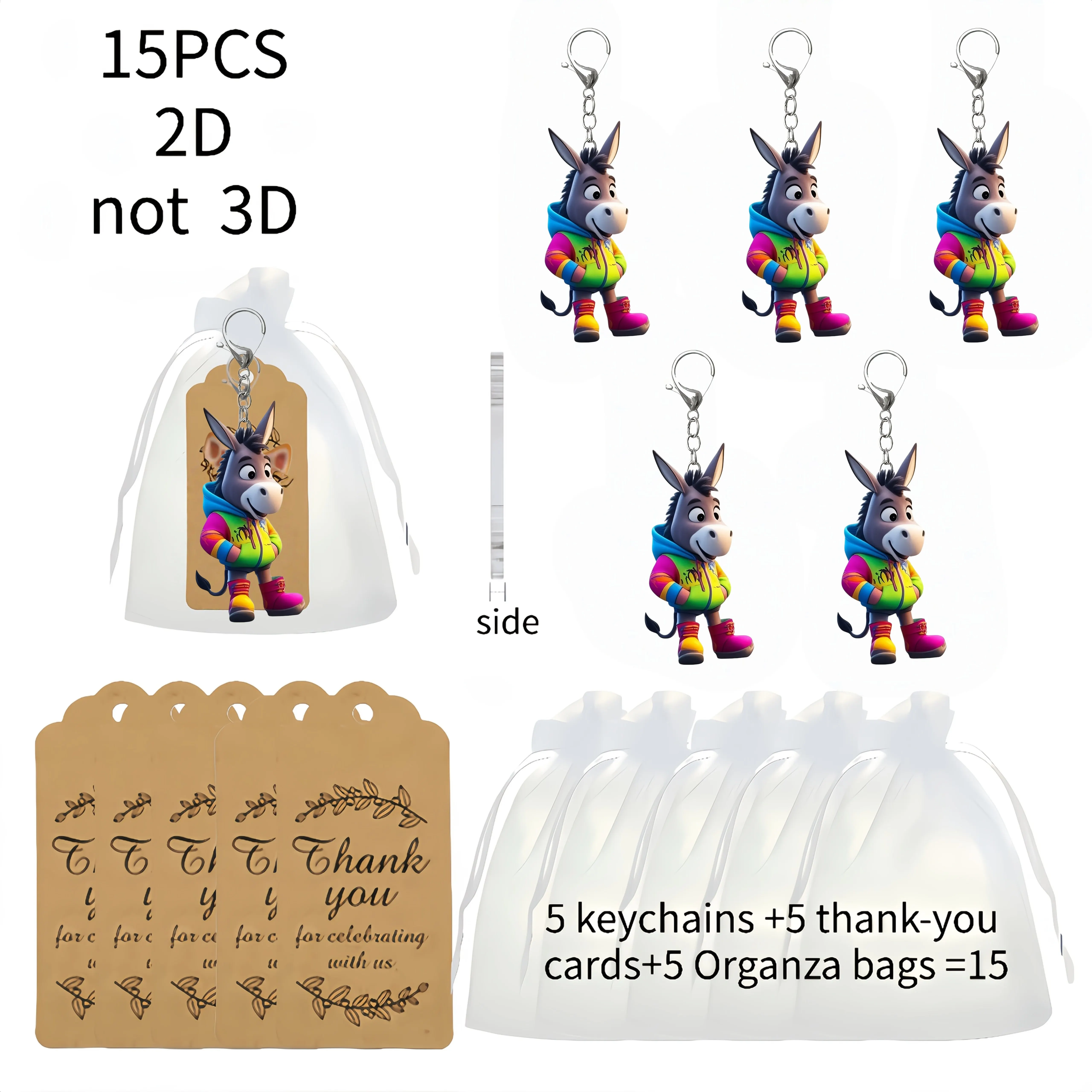 5sets Cute Donkey Keychain Includes Acrylic 2D Pendants & Thank You Cards & Organza Bags Car Key Decoration Promotional Gifts