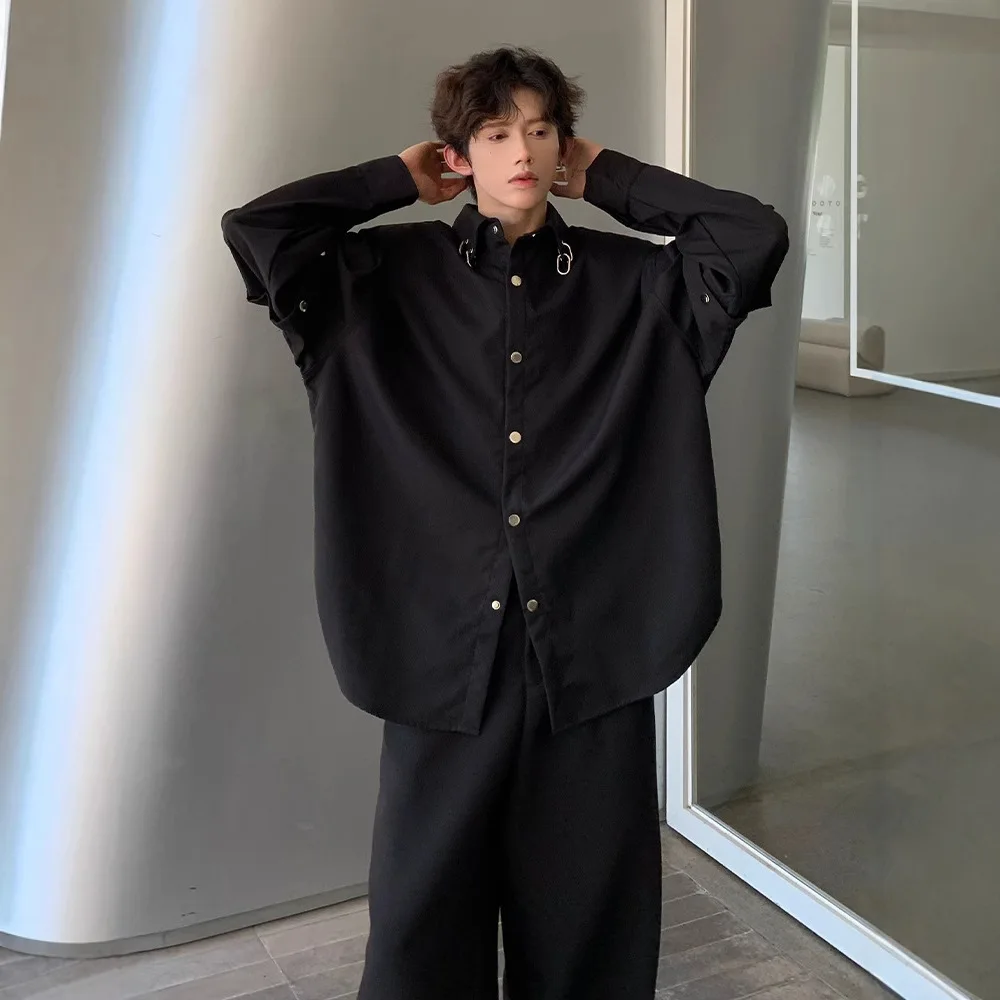 Gothic Punk Man Shirts 2026 Black Detachable Shoulder Pad Shirt Men Loose Oversized Long Sleeve Blouse Streetwear Casual Shirt