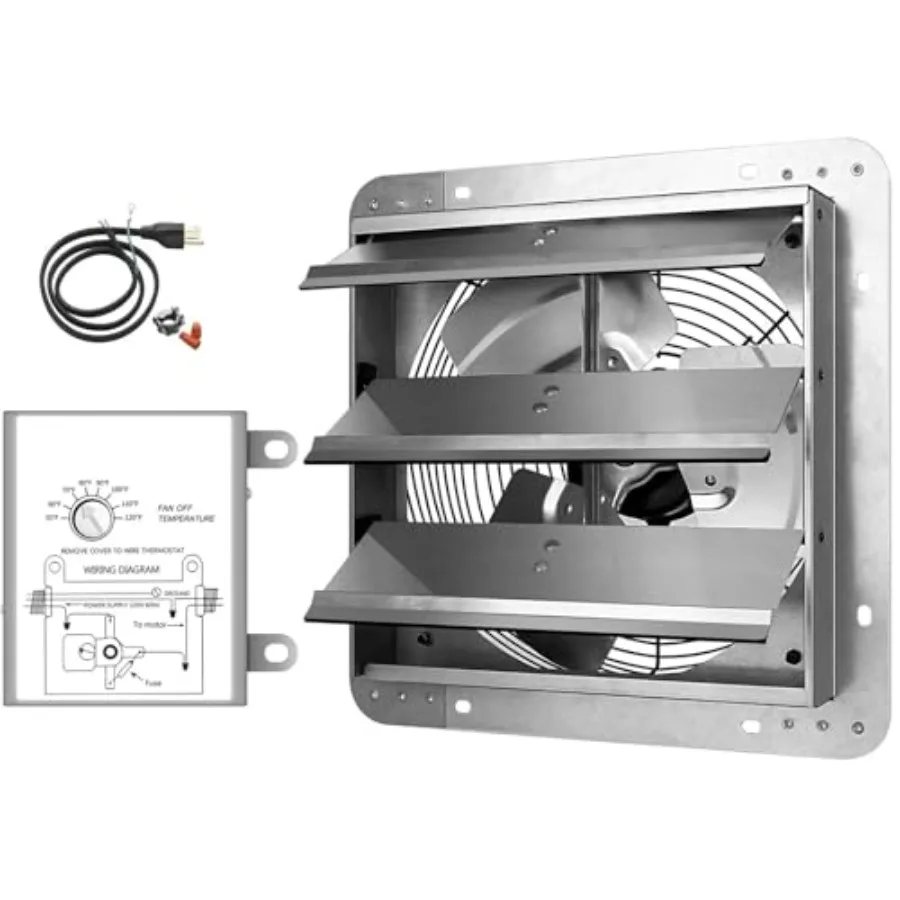 

Wall Mounted Shutter with erature and Power Cord Kit, Alumum, 1600 RPM, 940 CFM, for Attic, Garage, Louvered Vent, Plant, Green