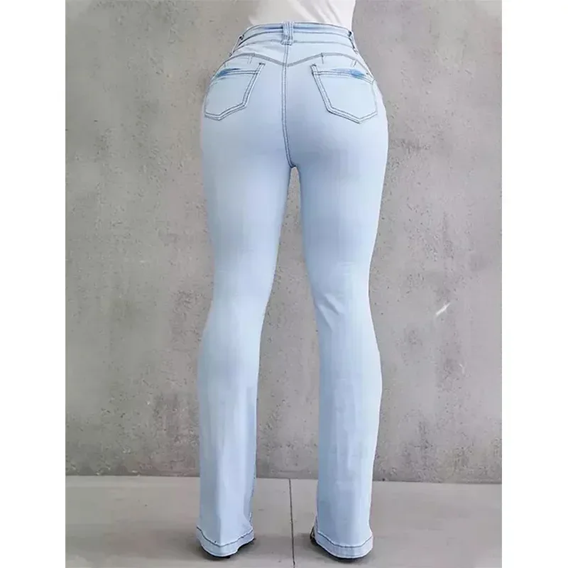 Women Jeans Washing Denim Full Length Flare Pants Zipper Fly Pockets High Waist Solid Sexy Spliced Streetwear 2025 Loose Fit