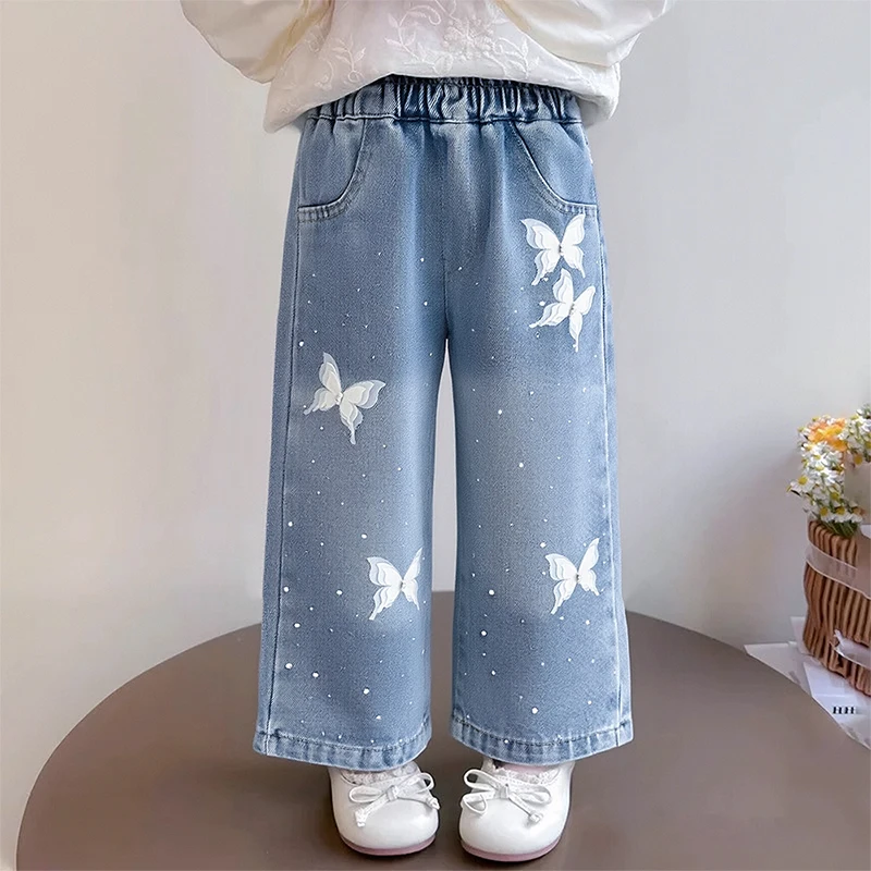 Spring and Autumn Washed Soft Denim Baby Girl Straight Wide-Leg Pants Diamond in the Debris Butterfly Loose Long Pants Spring and Autumn Washed Soft Denim Baby Girl Straight Wide-Leg Pants Diamond in the Debris Butterfly Loose Long Pants
