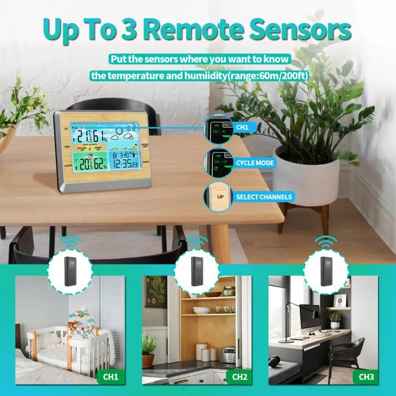 6 Polegada tela colorida rf sem fio termômetro tempo estação meteorológica com transmissor higrômetro digital novo despertador snooze