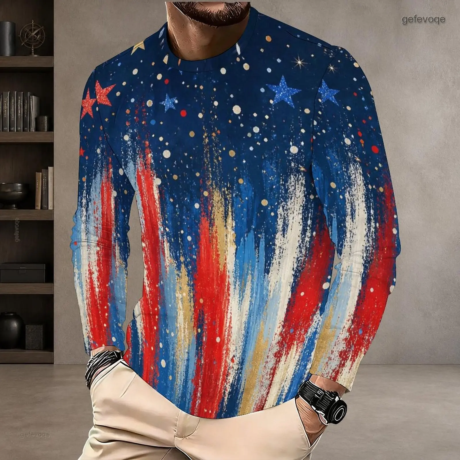 Men Printed Red Blue White Gold Star Brush Stroke Round Neck Long Sleeve T-Shirt