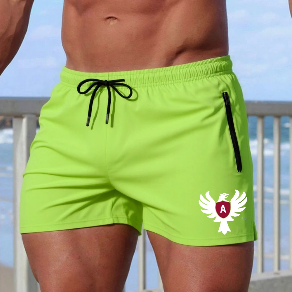 Men's Eagle Print Quick Dry Drawstring Sport Shorts Quick Dry Casual Zipper Pocket Summer Fitness Swimming Beachwear Swim Trunks