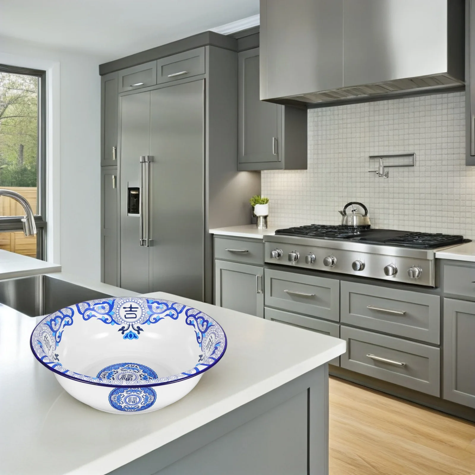 

Enamel Basin Large Vintage Enamelware Kitchen Bowl Washing Vegetables Kneading Dough Serving Soup Mixing Salad