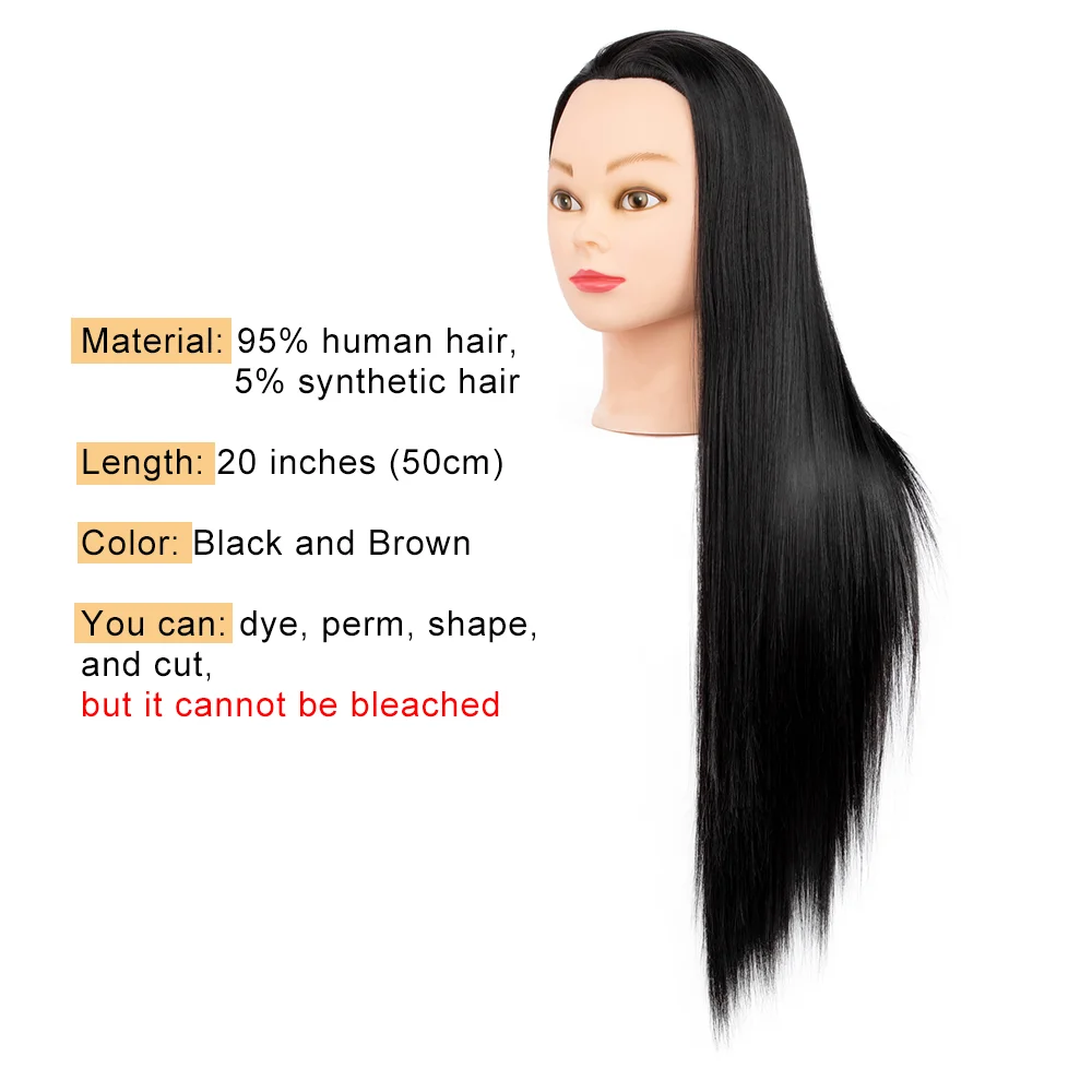 Cabeza de Maniquí de cabello humano 95% para peluquería, cabeza de muñeca para práctica de peinados, 20 pulgadas