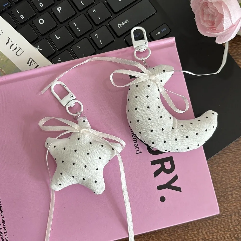 Polka Dot Pattern Keychain Soft Fabric Ribbon Bow Design Pendant Ornament Hanging Pendant Style Moon Star Heart Shape