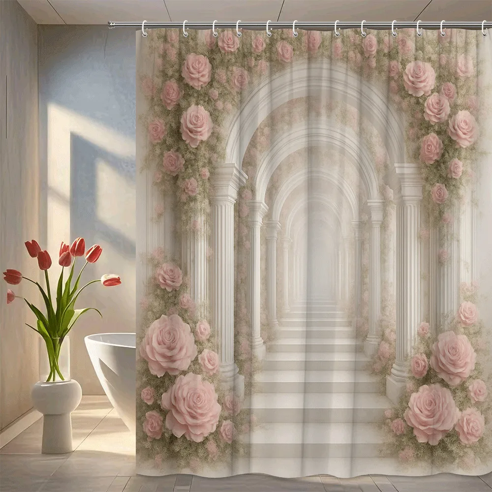 

Романтическая розовая арка, занавеска для душа, розовые цветы, классические колонны, элегантный дворец, дизайн, мечтательный декор для ванной комнаты, водонепроницаемый