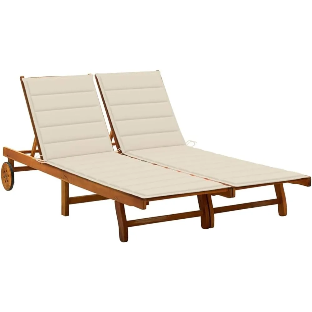 

2-Person Sun Lounger with Cushion Adjustable Chaise Lounge with Wheels Outdoor Patio Double Sunlounger Wooden Outside Gard